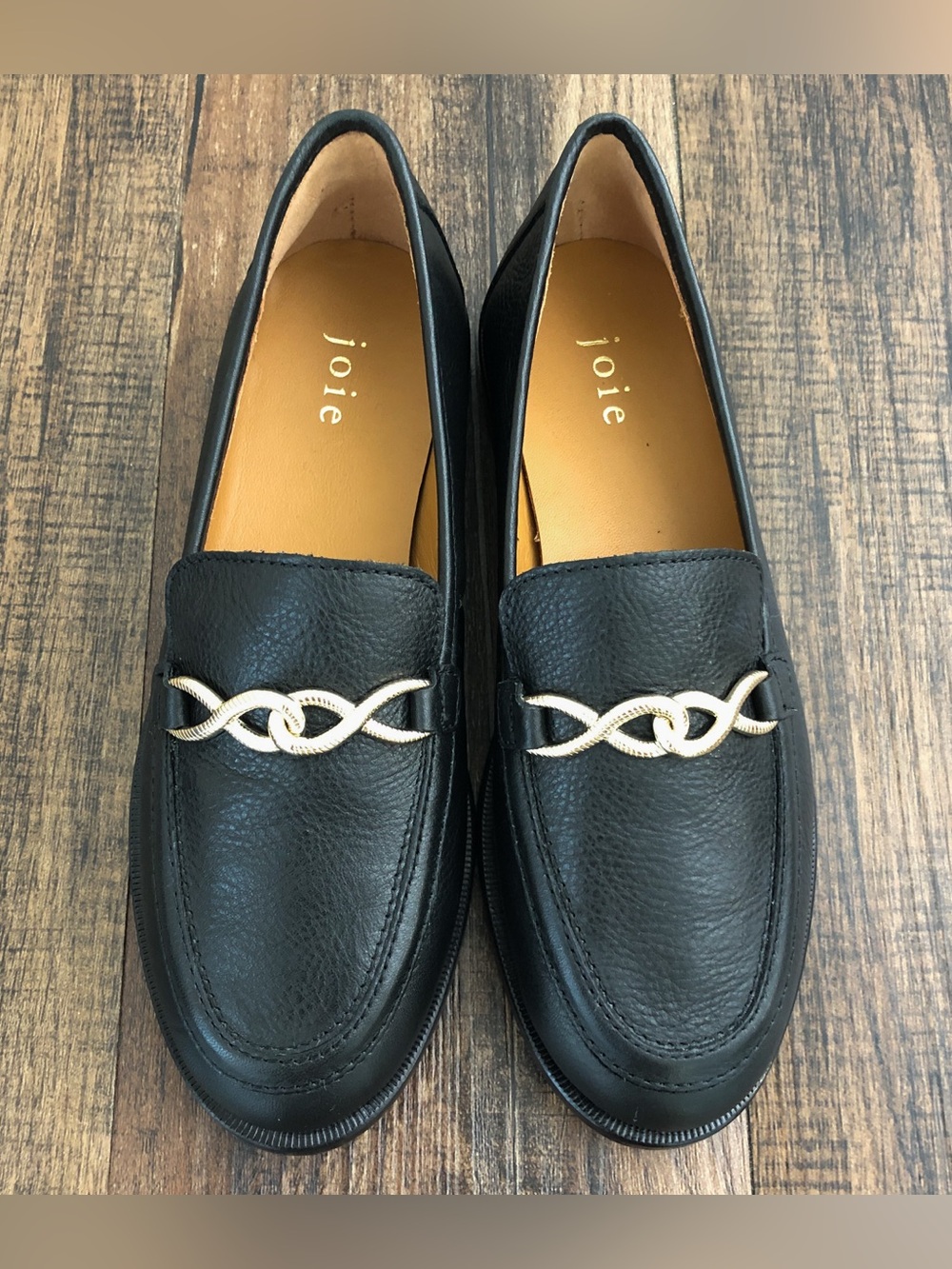 Joie Leather Chain Loafer Tumbled Nappa Preppy Old Money Laila Size 5 Black Gold